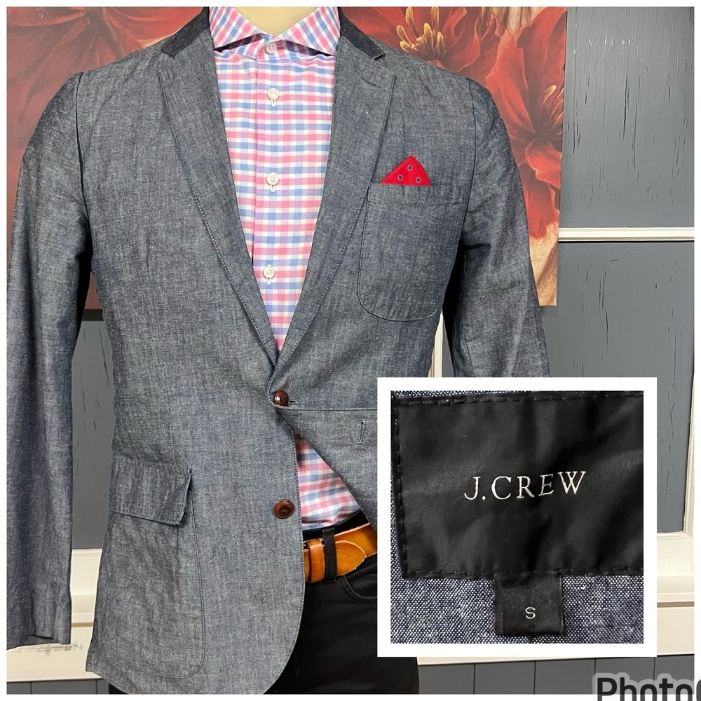 J. Crew Blazer Sport Coat Mens Sz Small (36-38R)‎ Cotton Grayish Navy Chambray